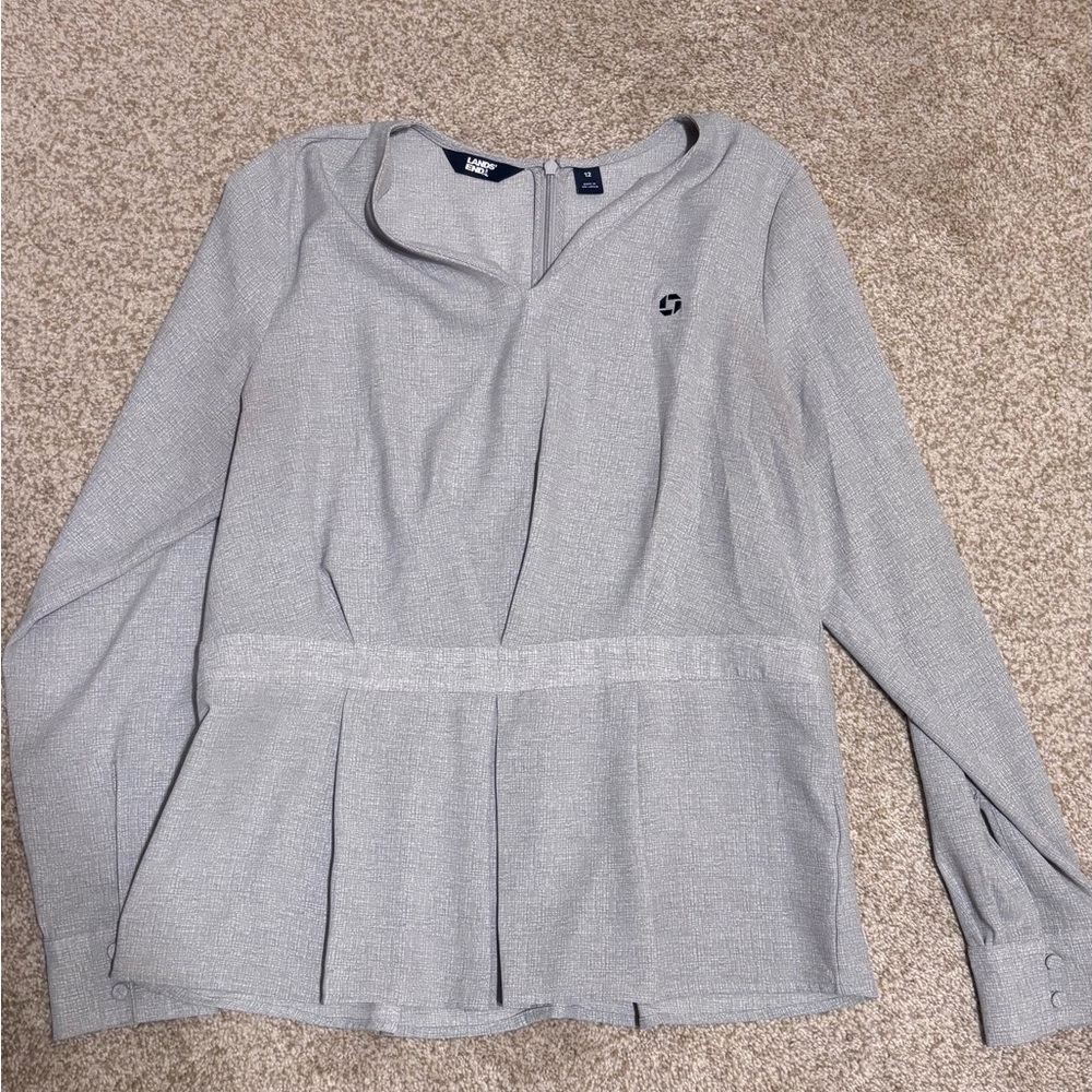 Chase Bank Lands' End Gray Pleated Peplum Blouse